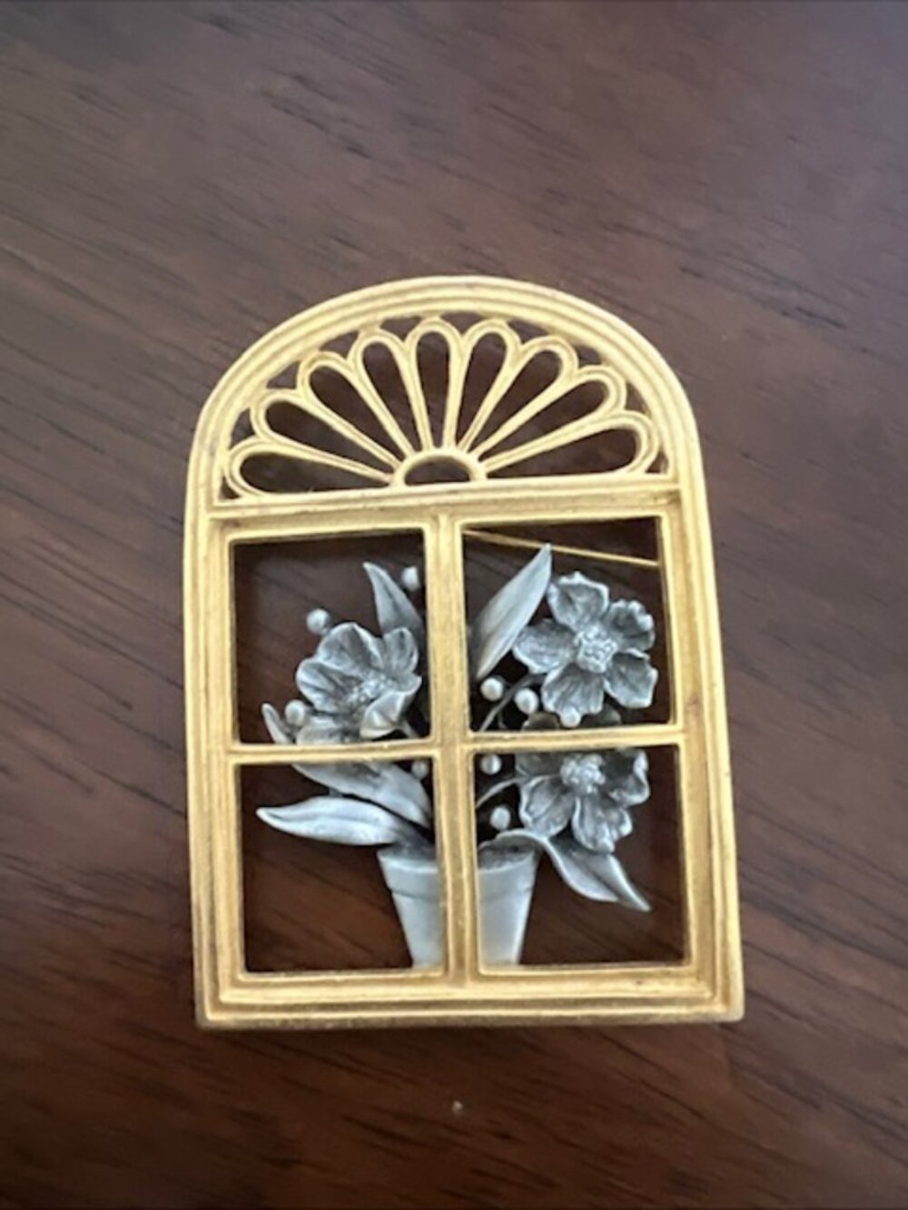 VTG JJ Jonette Jewelry Decorative Brooch “ Window with Flowers “